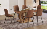 English Elm 1 Table and 6 Chairs Set.63"X35.4X30" Rectangular Transprant Tempered Glass Dining Tabletop With Wood Color Mdf Oc Shaped Bracket.Paired With 6 Brown Technology Fabric Dining Chairs.