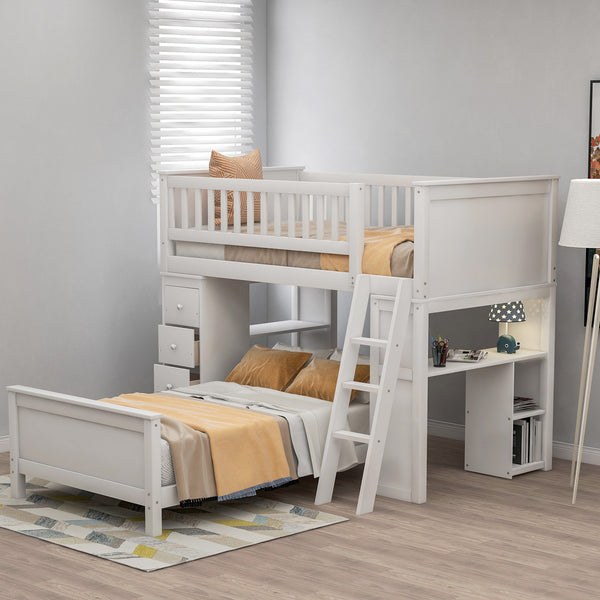 Homeroots White Twin Over Twin Size Bed With Shelves And Drawers  Manufactured Wood + Solid Wood 404172