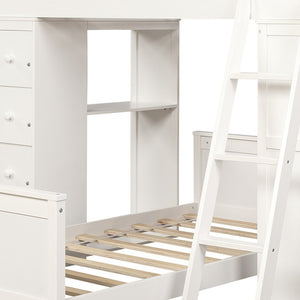 Homeroots White Twin Over Twin Size Bed With Shelves And Drawers  Manufactured Wood + Solid Wood 404172