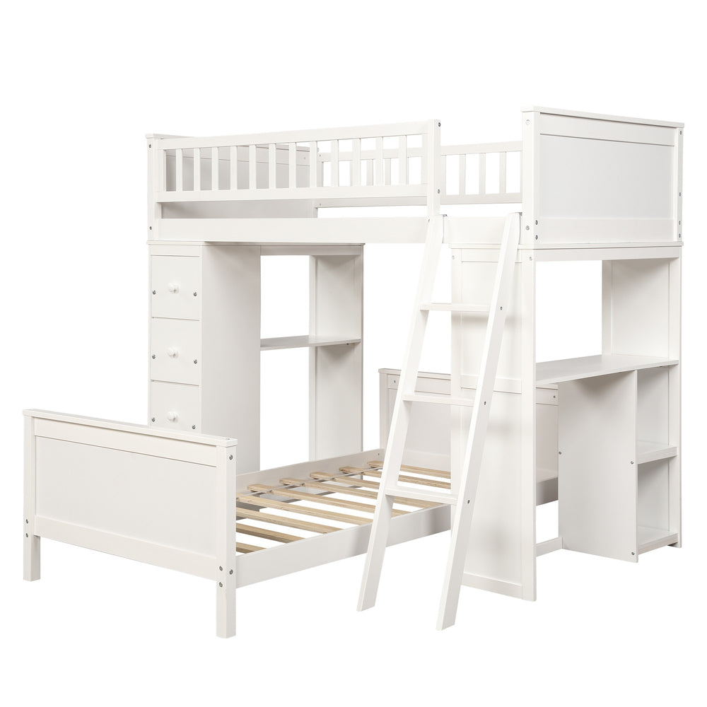 Homeroots White Twin Over Twin Size Bed With Shelves And Drawers  Manufactured Wood + Solid Wood 404172