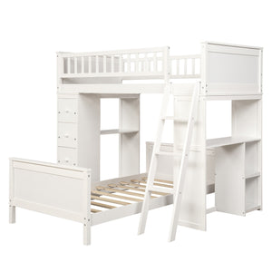 Homeroots White Twin Over Twin Size Bed With Shelves And Drawers  Manufactured Wood + Solid Wood 404172