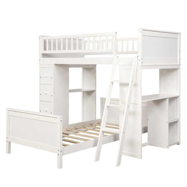 Homeroots White Twin Over Twin Size Bed With Shelves And Drawers  Manufactured Wood + Solid Wood 404172