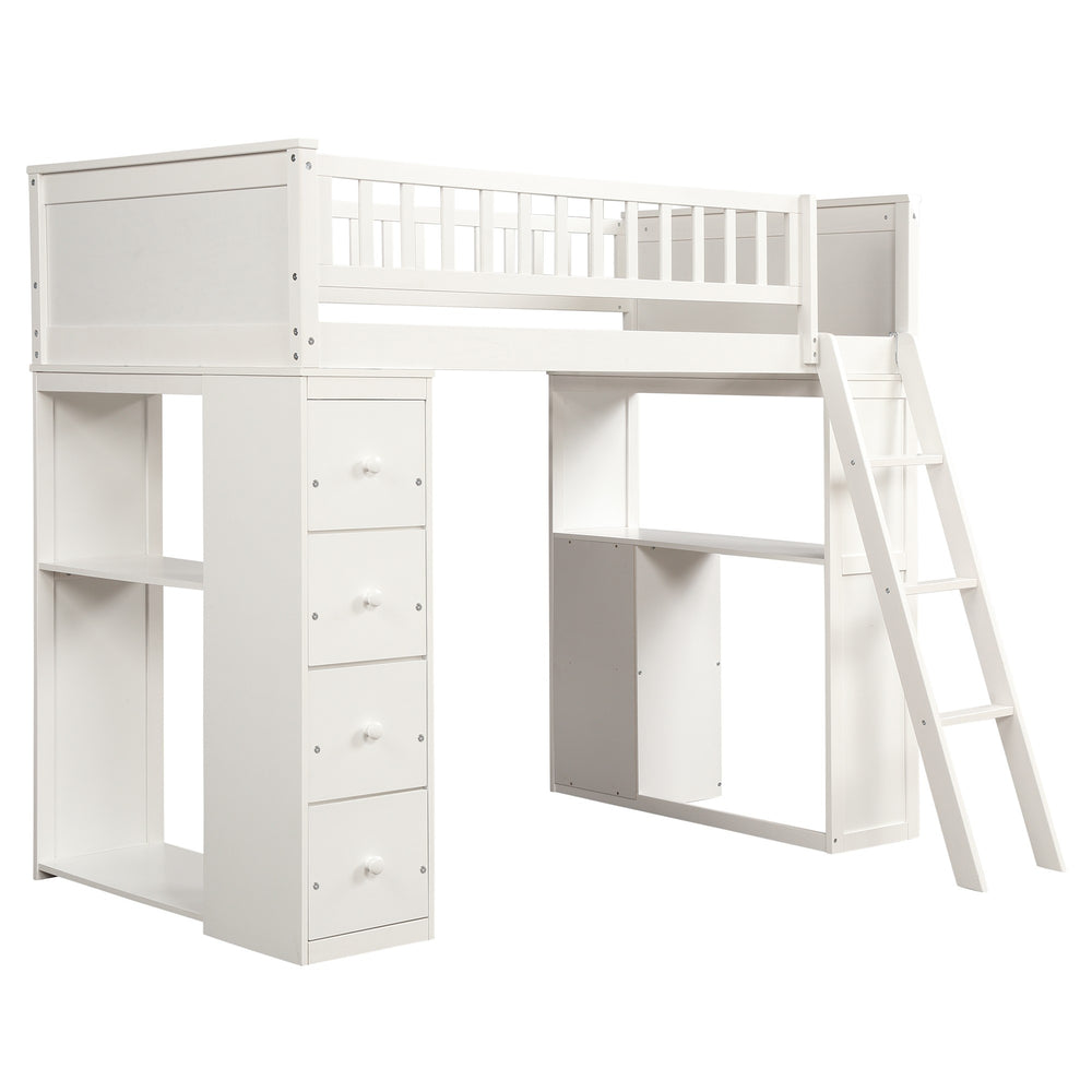Homeroots White Twin Over Twin Size Bed With Shelves And Drawers  Manufactured Wood + Solid Wood 404172