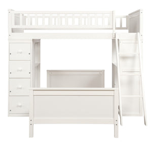 Homeroots White Twin Over Twin Size Bed With Shelves And Drawers  Manufactured Wood + Solid Wood 404172