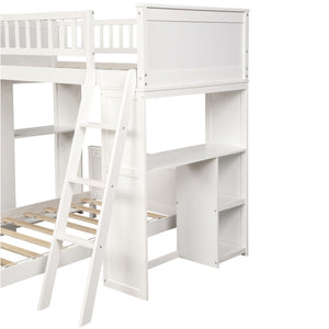 Homeroots White Twin Over Twin Size Bed With Shelves And Drawers  Manufactured Wood + Solid Wood 404172