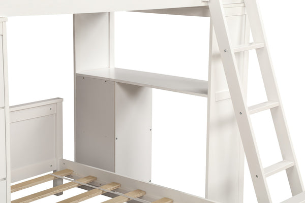 Homeroots White Twin Over Twin Size Bed With Shelves And Drawers  Manufactured Wood + Solid Wood 404172