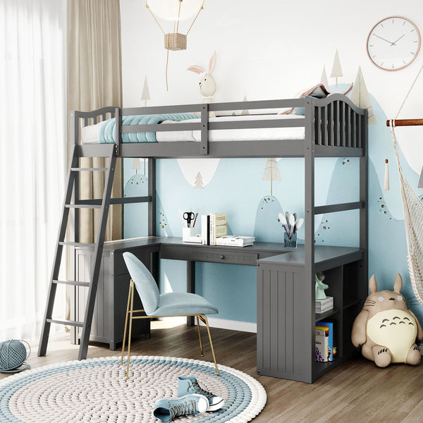 Homeroots Modern Classic Gray Twin Loft Bed With Book Shelf  Desk And Cabinet  Manufactured Wood + Solid Wood 404174