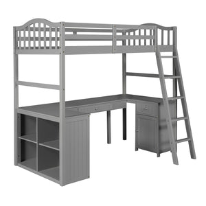Homeroots Modern Classic Gray Twin Loft Bed With Book Shelf  Desk And Cabinet  Manufactured Wood + Solid Wood 404174