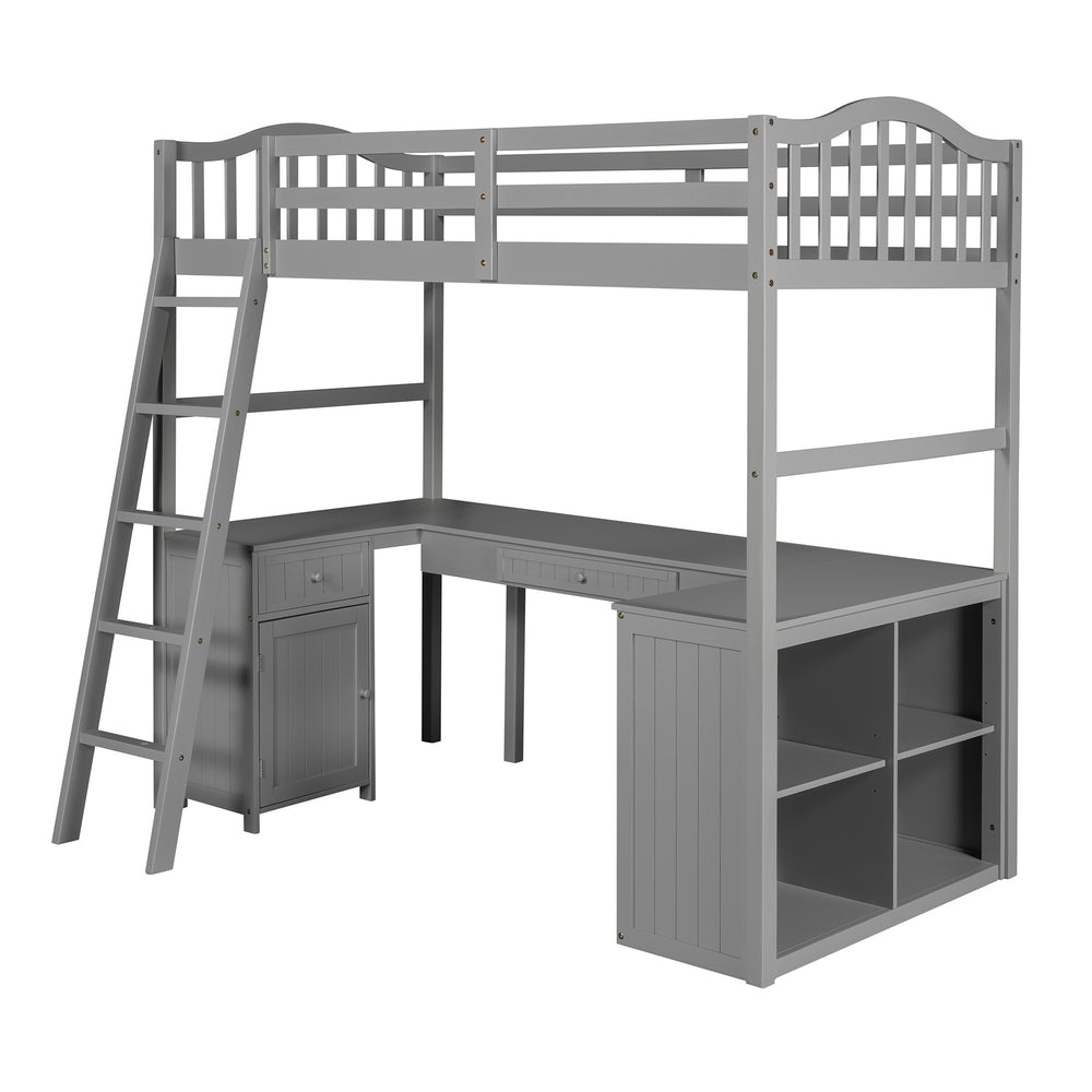 Homeroots Modern Classic Gray Twin Loft Bed With Book Shelf  Desk And Cabinet  Manufactured Wood + Solid Wood 404174