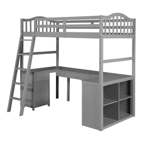 Homeroots Modern Classic Gray Twin Loft Bed With Book Shelf  Desk And Cabinet  Manufactured Wood + Solid Wood 404174