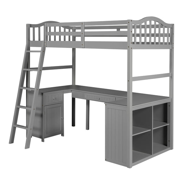 Homeroots Modern Classic Gray Twin Loft Bed With Book Shelf  Desk And Cabinet  Manufactured Wood + Solid Wood 404174