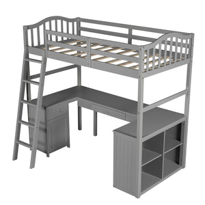 Homeroots Modern Classic Gray Twin Loft Bed With Book Shelf  Desk And Cabinet  Manufactured Wood + Solid Wood 404174