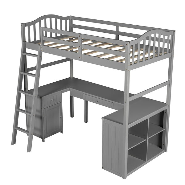 Homeroots Modern Classic Gray Twin Loft Bed With Book Shelf  Desk And Cabinet  Manufactured Wood + Solid Wood 404174