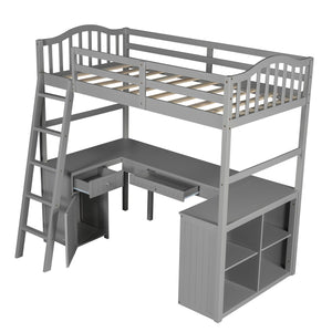 Homeroots Modern Classic Gray Twin Loft Bed With Book Shelf  Desk And Cabinet  Manufactured Wood + Solid Wood 404174