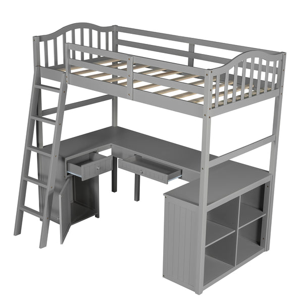 Homeroots Modern Classic Gray Twin Loft Bed With Book Shelf  Desk And Cabinet  Manufactured Wood + Solid Wood 404174
