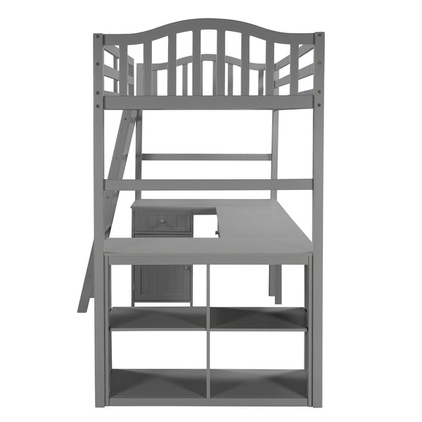 Homeroots Modern Classic Gray Twin Loft Bed With Book Shelf  Desk And Cabinet  Manufactured Wood + Solid Wood 404174