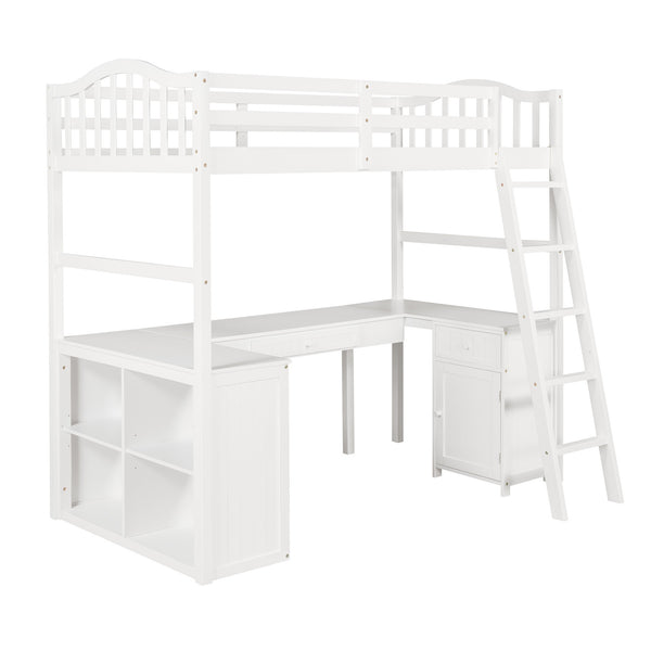 Homeroots Modern Classic White Twin Loft Bed With Book Shelf  Desk And Cabinet  Manufactured Wood + Solid Wood 404175