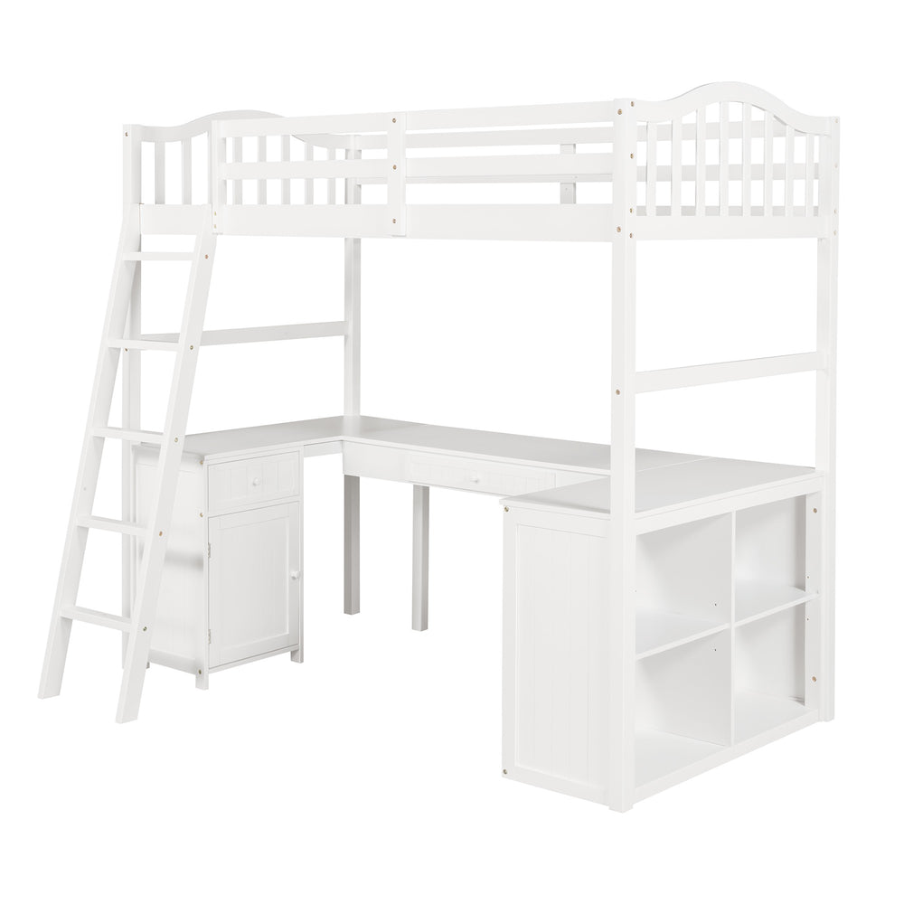 Homeroots Modern Classic White Twin Loft Bed With Book Shelf  Desk And Cabinet  Manufactured Wood + Solid Wood 404175