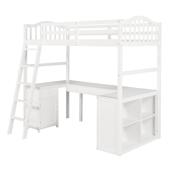 Homeroots Modern Classic White Twin Loft Bed With Book Shelf  Desk And Cabinet  Manufactured Wood + Solid Wood 404175