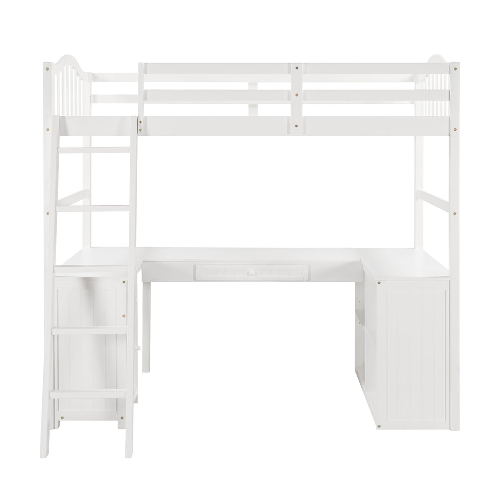 Homeroots Modern Classic White Twin Loft Bed With Book Shelf  Desk And Cabinet  Manufactured Wood + Solid Wood 404175