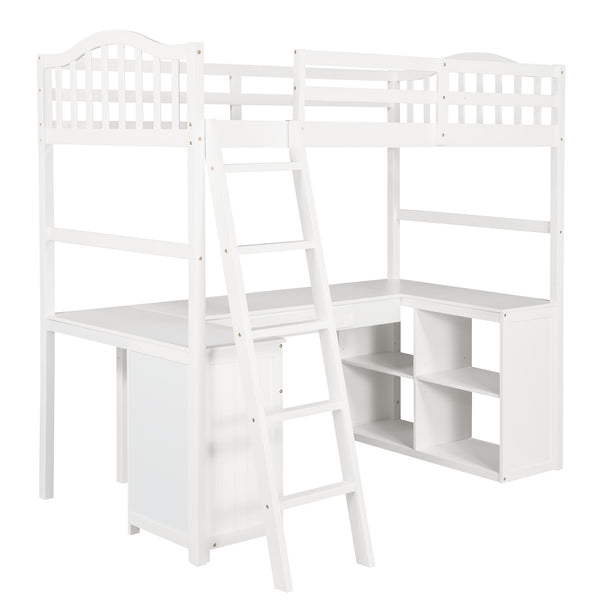 Homeroots Modern Classic White Twin Loft Bed With Book Shelf  Desk And Cabinet  Manufactured Wood + Solid Wood 404175