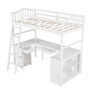 Homeroots Modern Classic White Twin Loft Bed With Book Shelf  Desk And Cabinet  Manufactured Wood + Solid Wood 404175