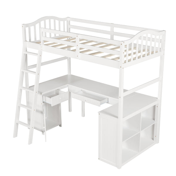 Homeroots Modern Classic White Twin Loft Bed With Book Shelf  Desk And Cabinet  Manufactured Wood + Solid Wood 404175