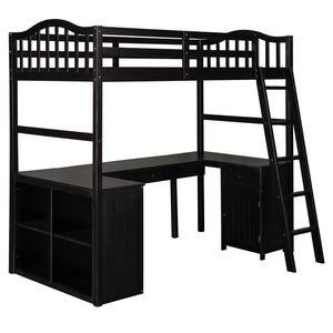 Homeroots Modern Classic Dark Brown Twin Loft Bed With Book Shelf  Desk And Cabinet  Manufactured Wood + Solid Wood 404176