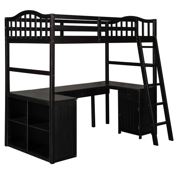 Homeroots Modern Classic Dark Brown Twin Loft Bed With Book Shelf  Desk And Cabinet  Manufactured Wood + Solid Wood 404176