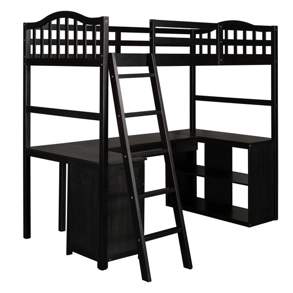 Homeroots Modern Classic Dark Brown Twin Loft Bed With Book Shelf  Desk And Cabinet  Manufactured Wood + Solid Wood 404176