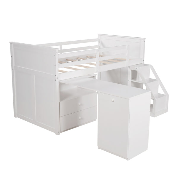 Homeroots White Twin Size Low Loft Bed With Portable Desk  Manufactured Wood + Solid Wood 404184