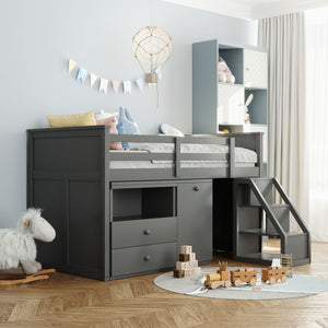 Homeroots Gray Twin Size Low Loft Bed With Portable Desk  Manufactured Wood + Solid Wood 404185