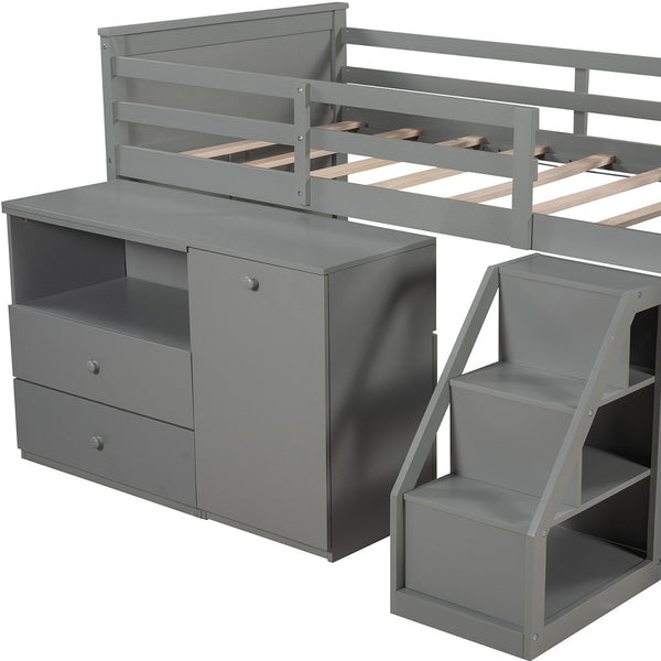 Homeroots Gray Twin Size Low Loft Bed With Portable Desk  Manufactured Wood + Solid Wood 404185