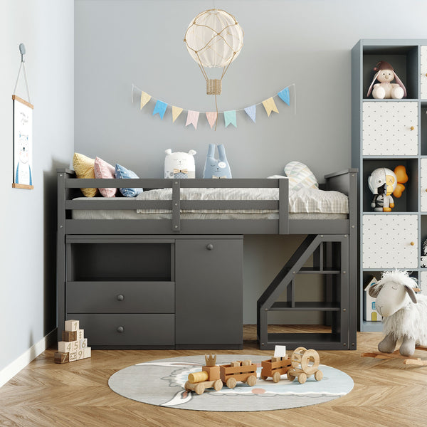 Homeroots Gray Twin Size Low Loft Bed With Portable Desk  Manufactured Wood + Solid Wood 404185