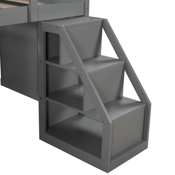 Homeroots Gray Twin Size Low Loft Bed With Portable Desk  Manufactured Wood + Solid Wood 404185