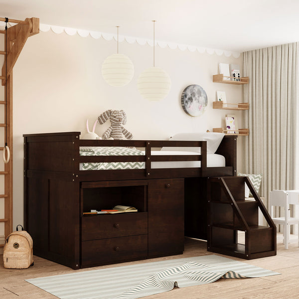 Homeroots Brown Twin Size Low Loft Bed With Portable Desk  Manufactured Wood + Solid Wood 404186