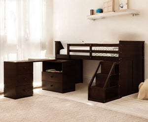 Homeroots Brown Twin Size Low Loft Bed With Portable Desk  Manufactured Wood + Solid Wood 404186