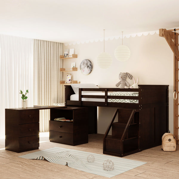 Homeroots Brown Twin Size Low Loft Bed With Portable Desk  Manufactured Wood + Solid Wood 404186