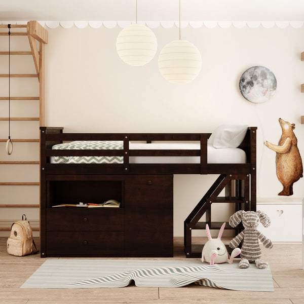 Homeroots Brown Twin Size Low Loft Bed With Portable Desk  Manufactured Wood + Solid Wood 404186