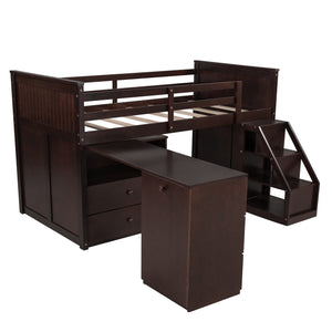 Homeroots Brown Twin Size Low Loft Bed With Portable Desk  Manufactured Wood + Solid Wood 404186