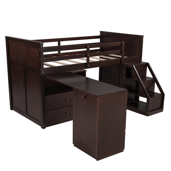 Homeroots Brown Twin Size Low Loft Bed With Portable Desk  Manufactured Wood + Solid Wood 404186