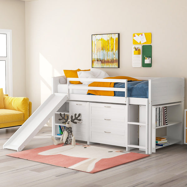 Homeroots White Twin Size Low Loft Bed With Cabinets And Slide  Manufactured Wood + Solid Wood 404192
