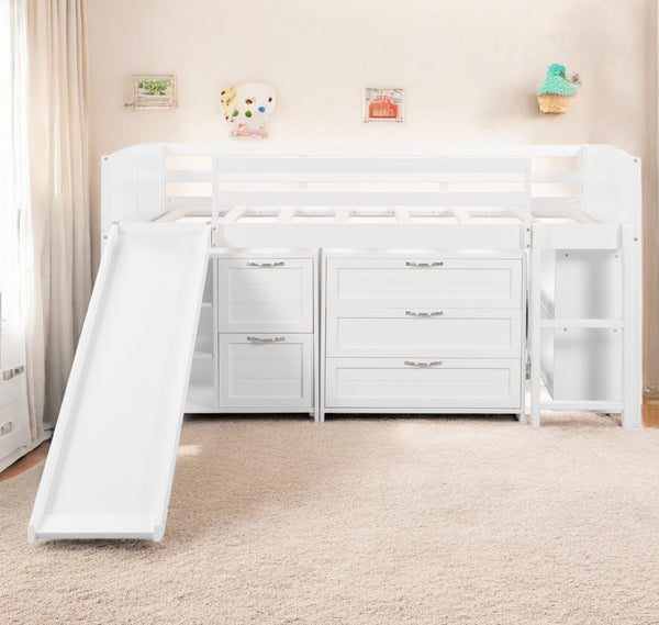 Homeroots White Twin Size Low Loft Bed With Cabinets And Slide  Manufactured Wood + Solid Wood 404192