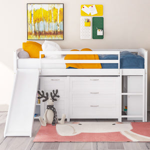 Homeroots White Twin Size Low Loft Bed With Cabinets And Slide  Manufactured Wood + Solid Wood 404192