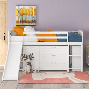 Homeroots White Twin Size Low Loft Bed With Cabinets And Slide  Manufactured Wood + Solid Wood 404192