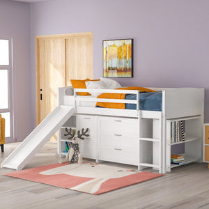 Homeroots White Twin Size Low Loft Bed With Cabinets And Slide  Manufactured Wood + Solid Wood 404192