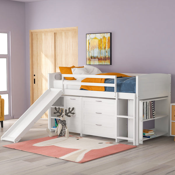 Homeroots White Twin Size Low Loft Bed With Cabinets And Slide  Manufactured Wood + Solid Wood 404192