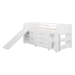 Homeroots White Twin Size Low Loft Bed With Cabinets And Slide  Manufactured Wood + Solid Wood 404192