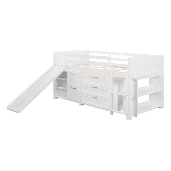 Homeroots White Twin Size Low Loft Bed With Cabinets And Slide  Manufactured Wood + Solid Wood 404192