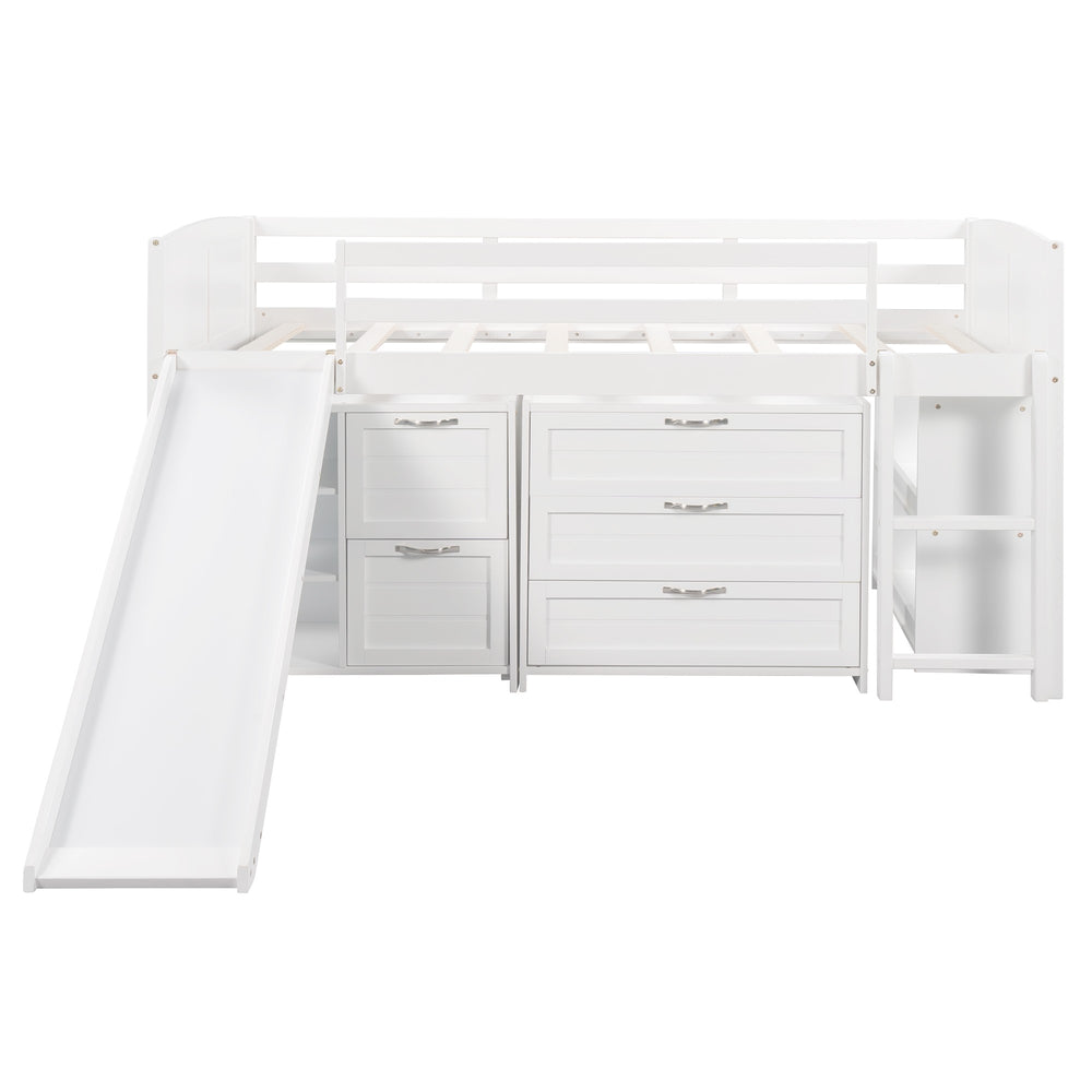 Homeroots White Twin Size Low Loft Bed With Cabinets And Slide  Manufactured Wood + Solid Wood 404192